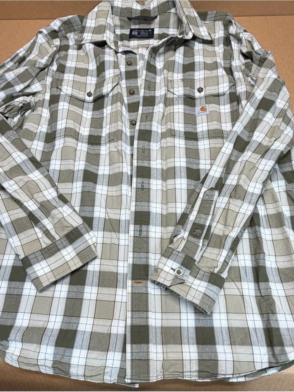 Carhartt Men’s Olive and White Plaid long Sleeve Button Up Shirt